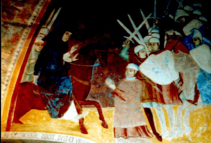 Napo Torriani wird durch Ottone Visconti nach dem Schlacht von Desio festgenommen, Fresko des XIV. Jhd., Rocca Borromea d'Angera