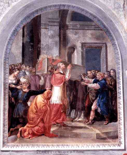Saint Charles and the relics of San Sisinio, frescoe